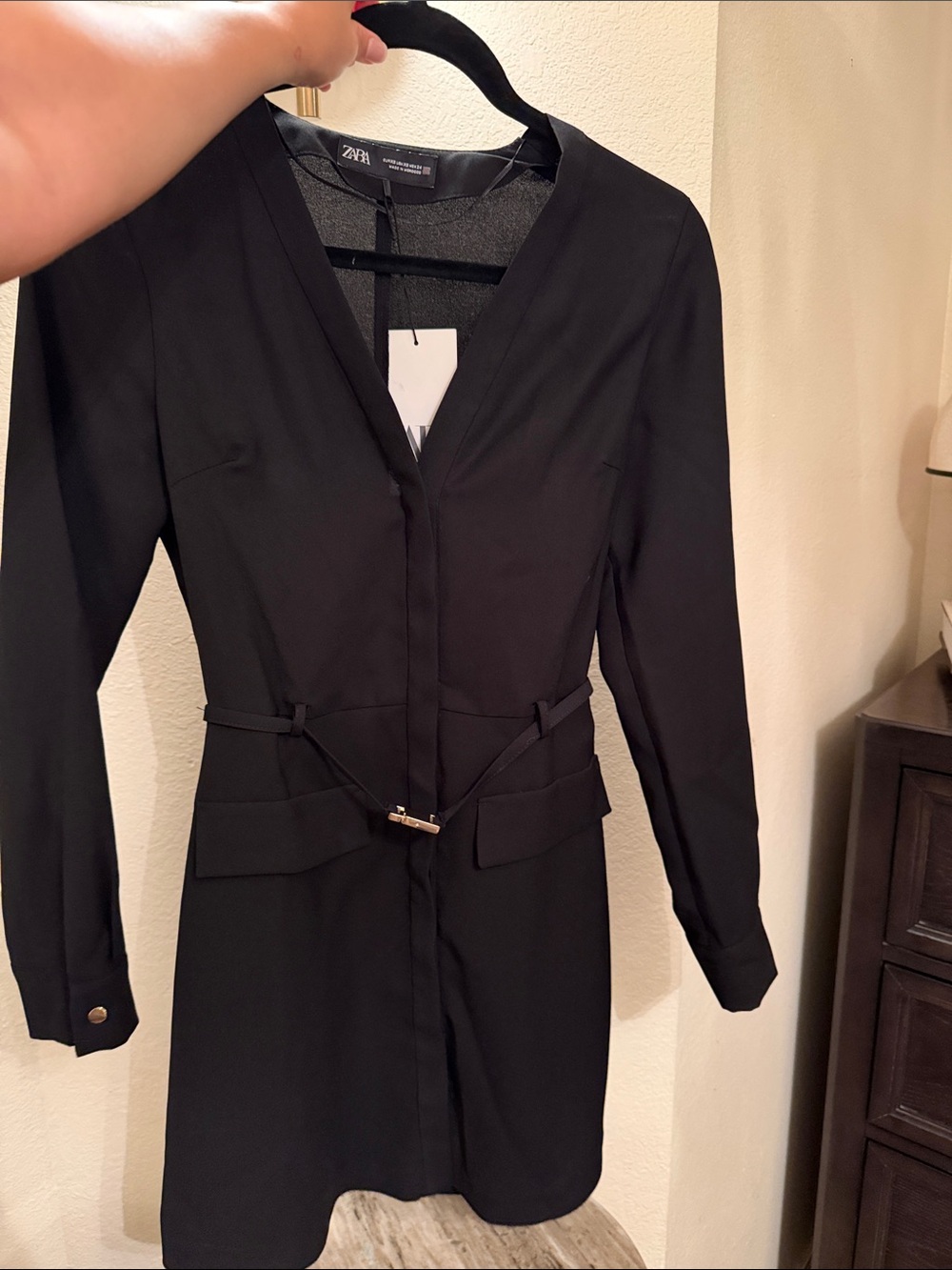 Zara Black Long Sleeve V-Neck Belted Dress